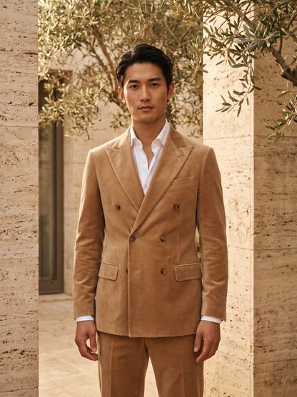 Tan Velvet Double Breasted Suit — Custom Made to Measure - front view