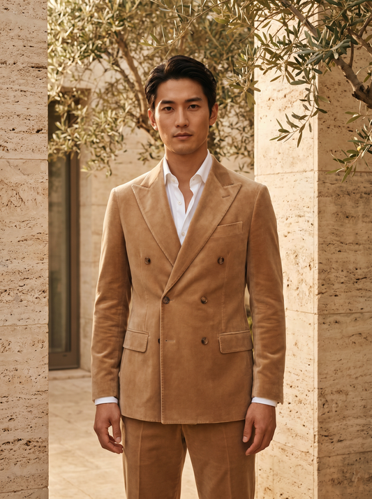 Tan Velvet Double Breasted Suit — Custom Made to Measure - front view