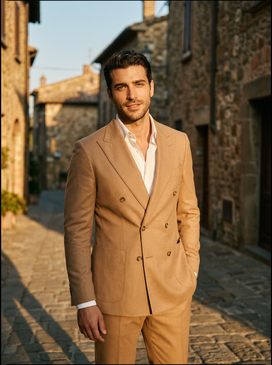 Tan Wool Double Breasted Suit — Custom Made to Measure - front view