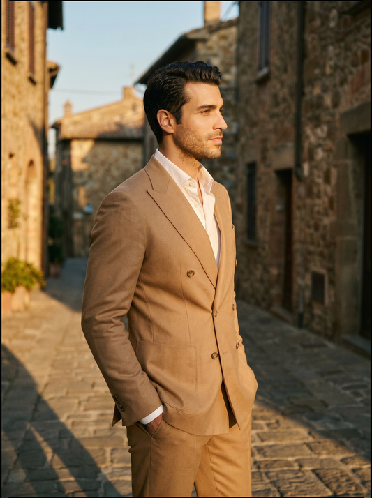 Tan Wool Double Breasted Suit — Custom Made to Measure - side view
