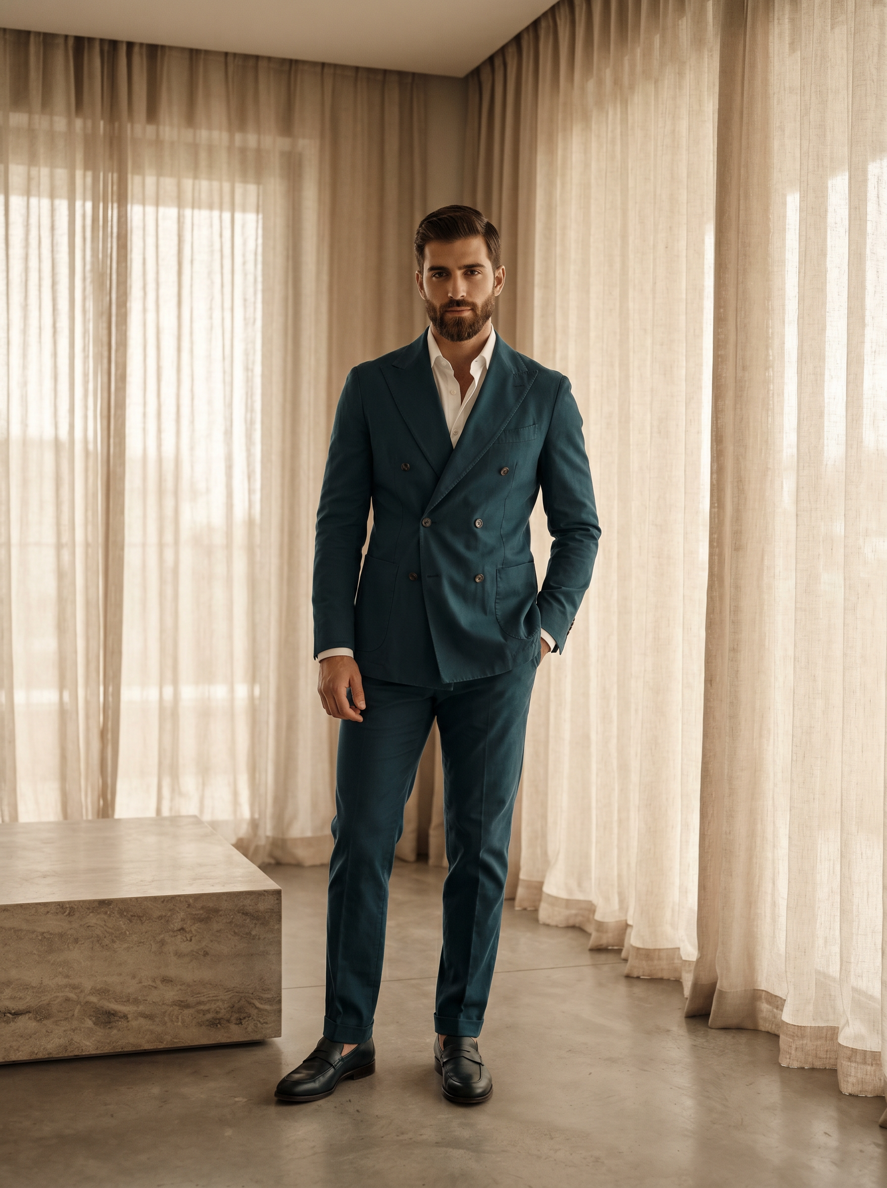 Teal Cotton Double Breasted Suit — Custom Made to Measure - front view