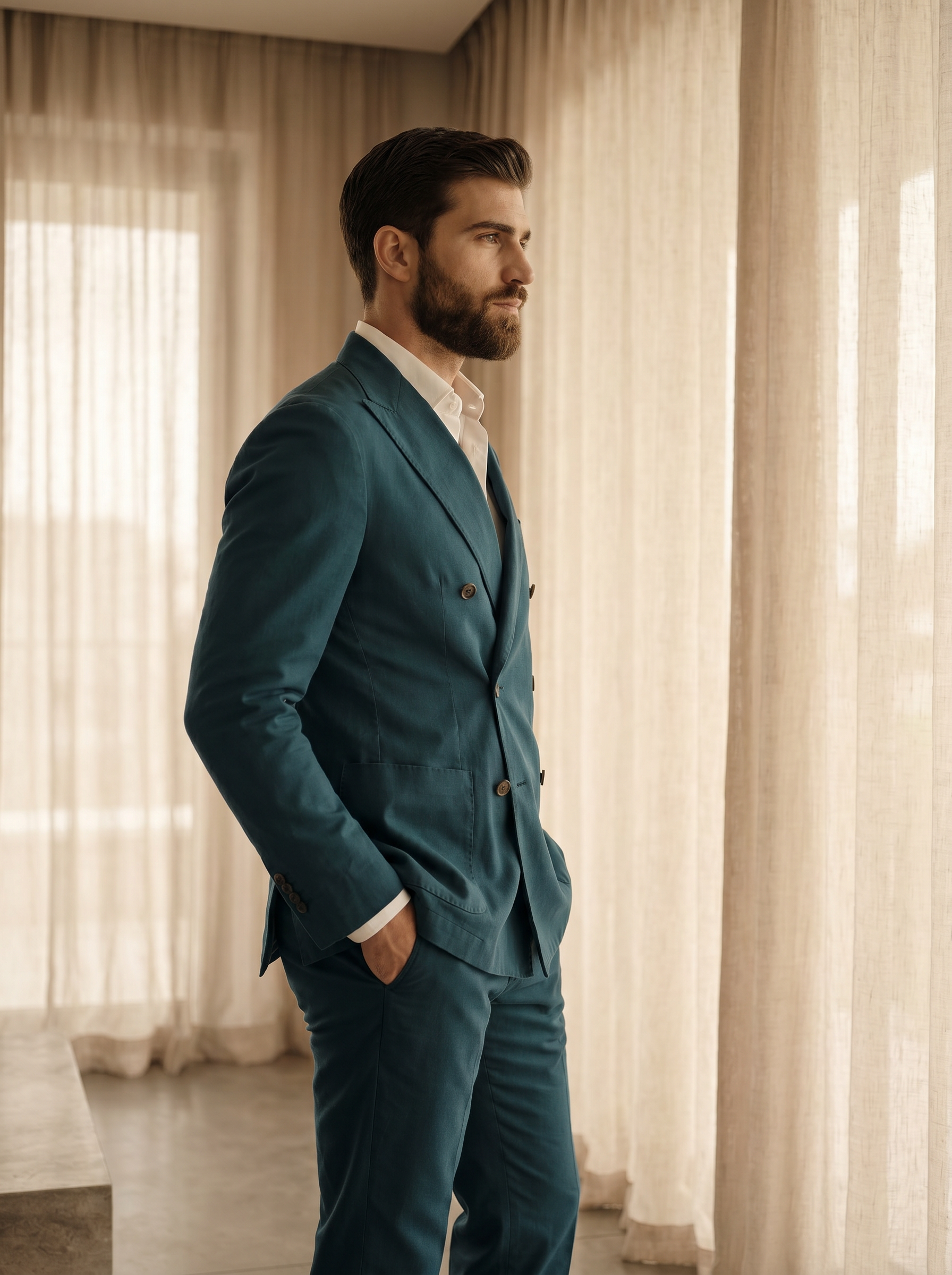 Teal Cotton Double Breasted Suit — Custom Made to Measure - side view