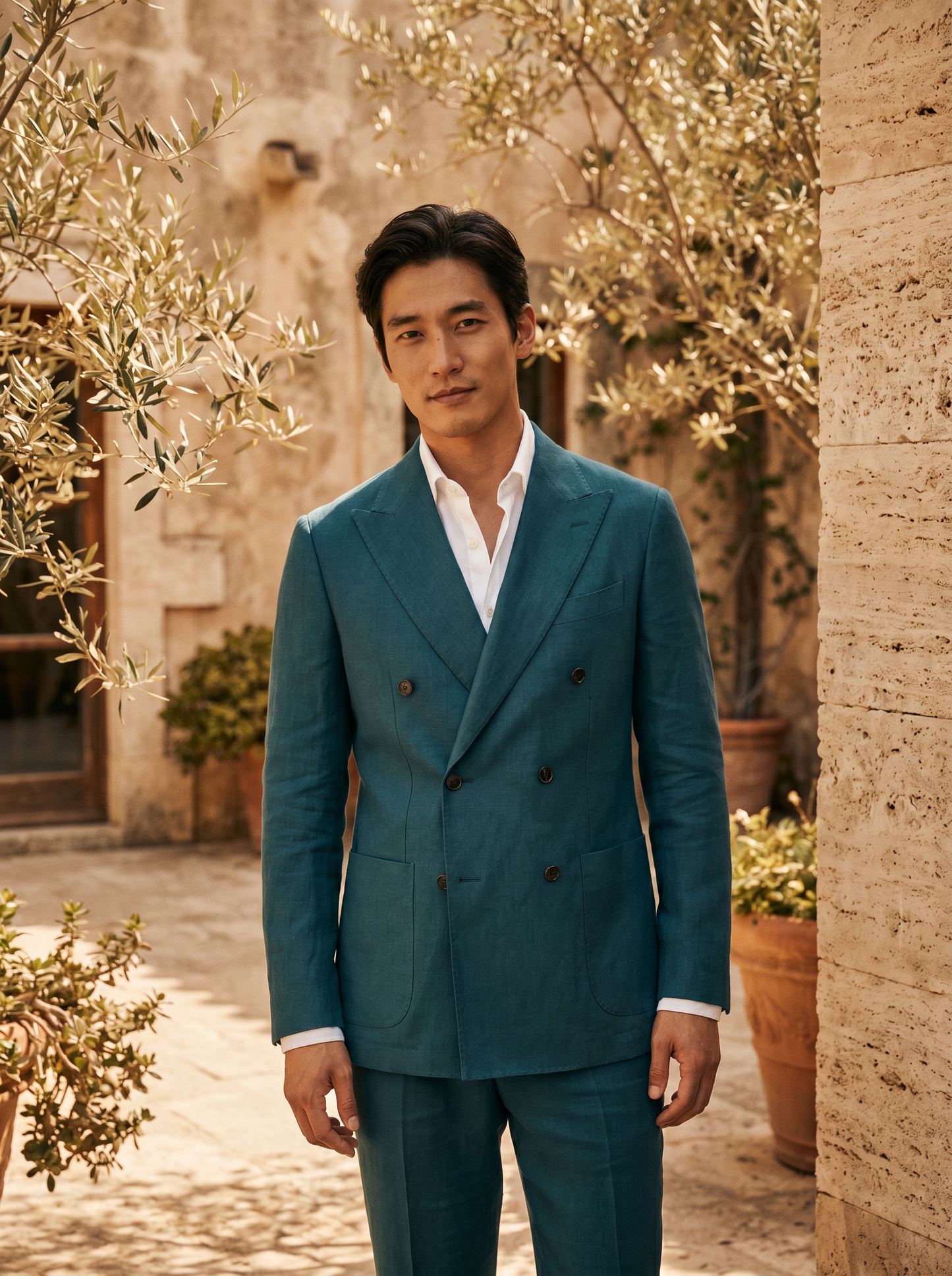 Teal Linen Double Breasted Suit — Custom Made to Measure - front view