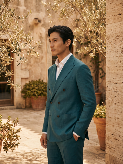 Teal Linen Double Breasted Suit — Custom Made to Measure - side view