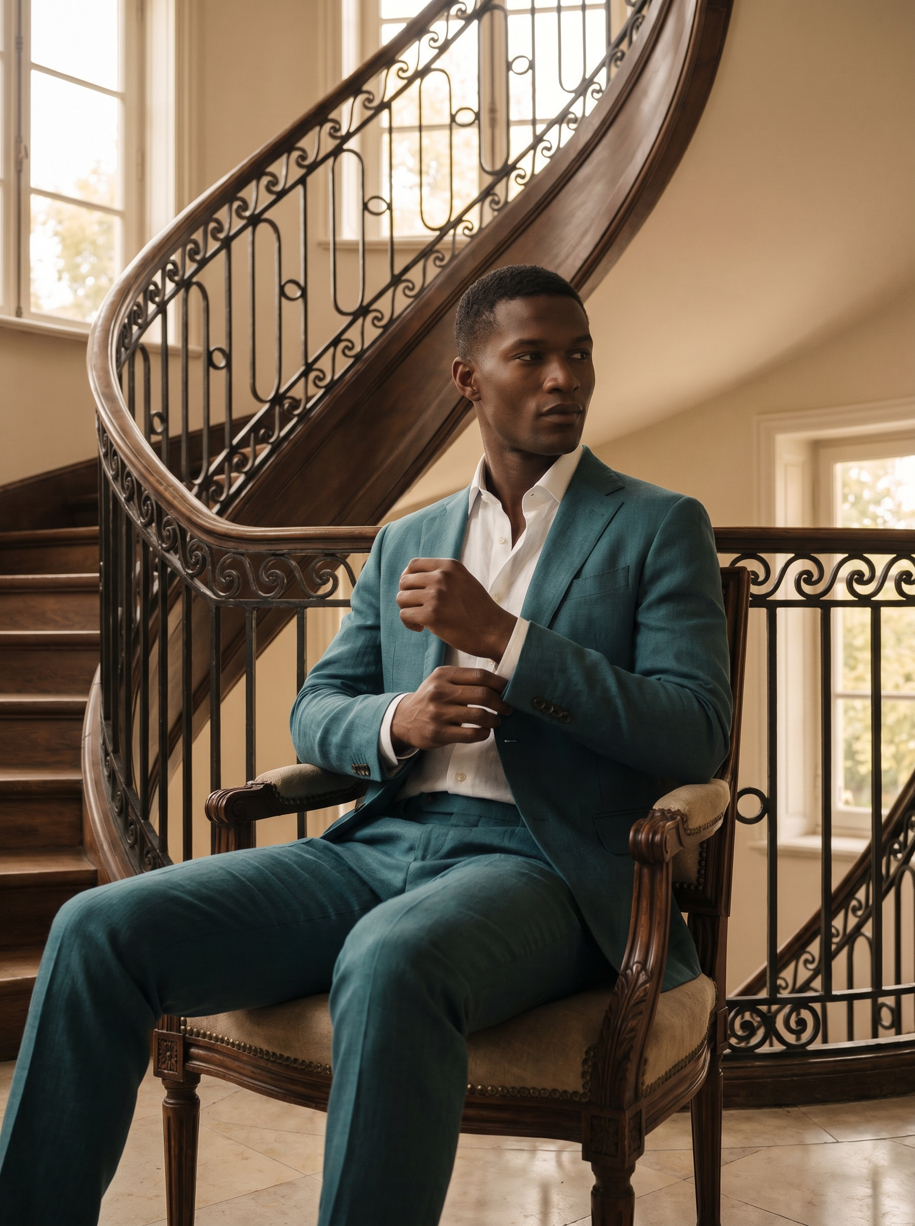 Teal Linen Groomsmen Suit — Custom Made to Measure - seated view