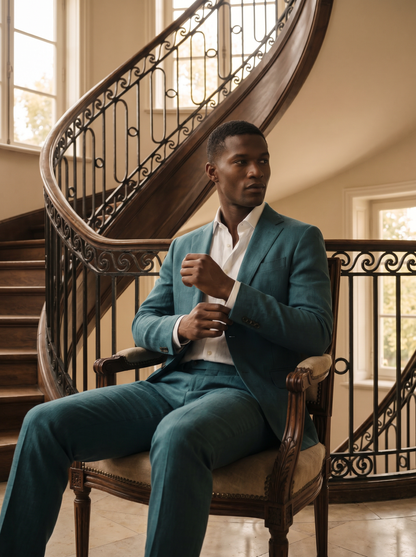 Teal Linen Groomsmen Suit — Custom Made to Measure - seated view