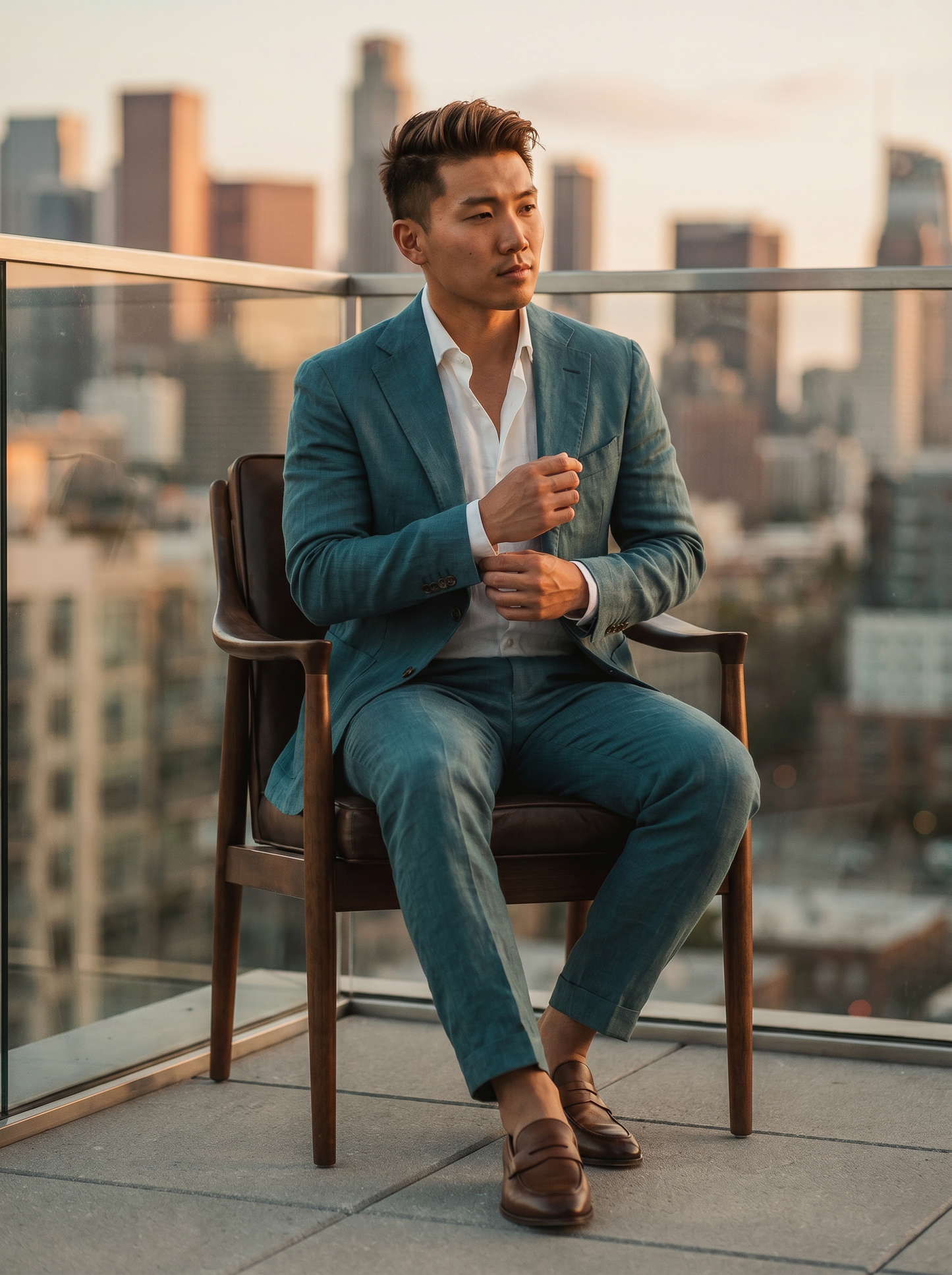 Teal Linen Suit — Custom Made to Measure - seated view