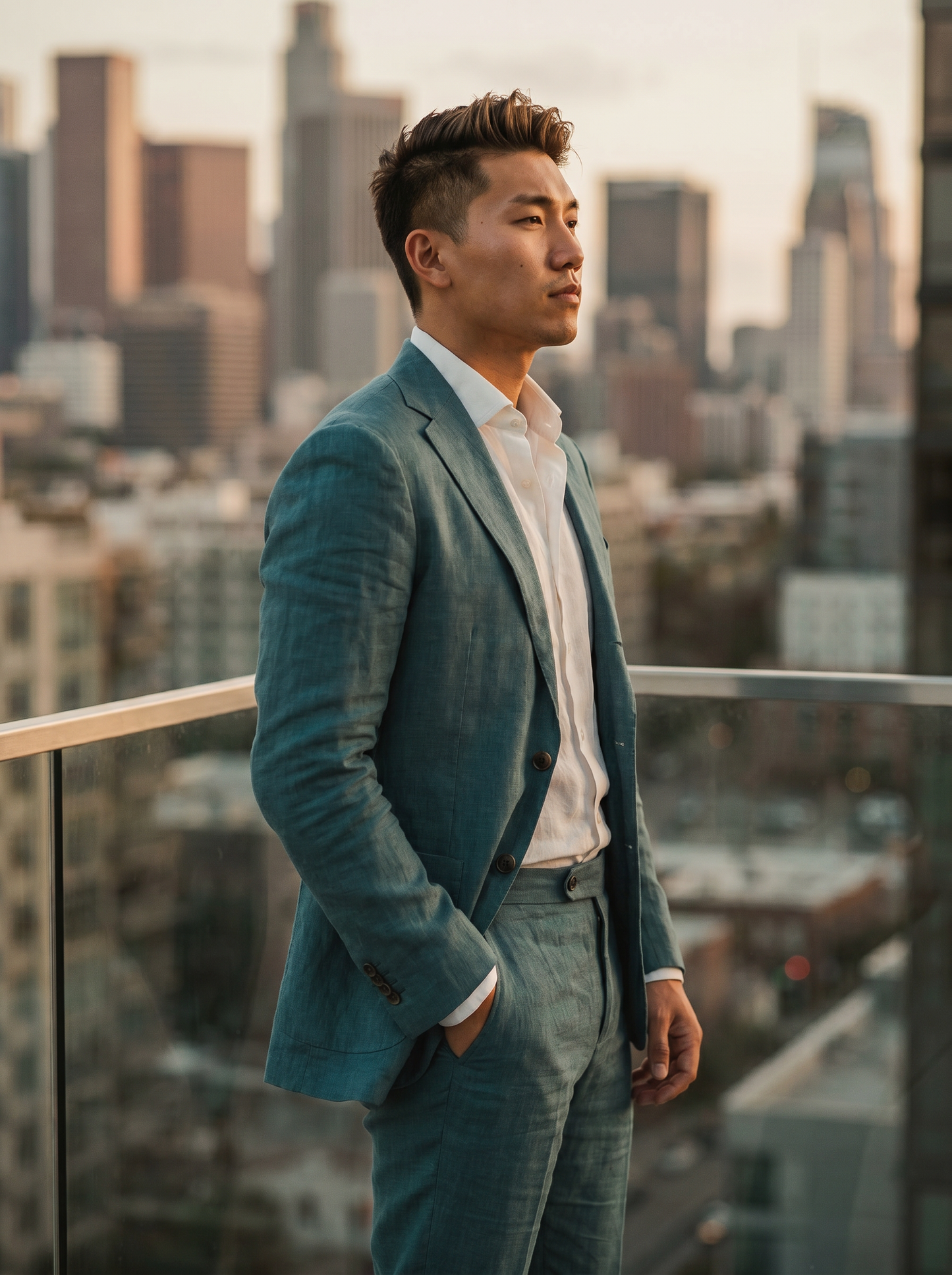 Teal Linen Suit — Custom Made to Measure - side view