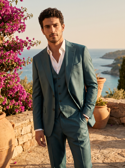 Teal Silk Blend 3-Piece Suit — Custom Made to Measure - front view