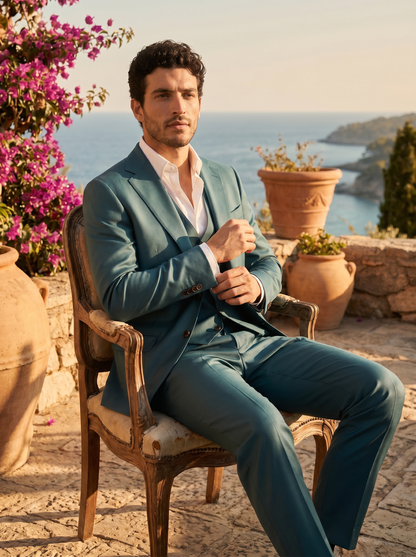 Teal Silk Blend 3-Piece Suit — Custom Made to Measure - seated view
