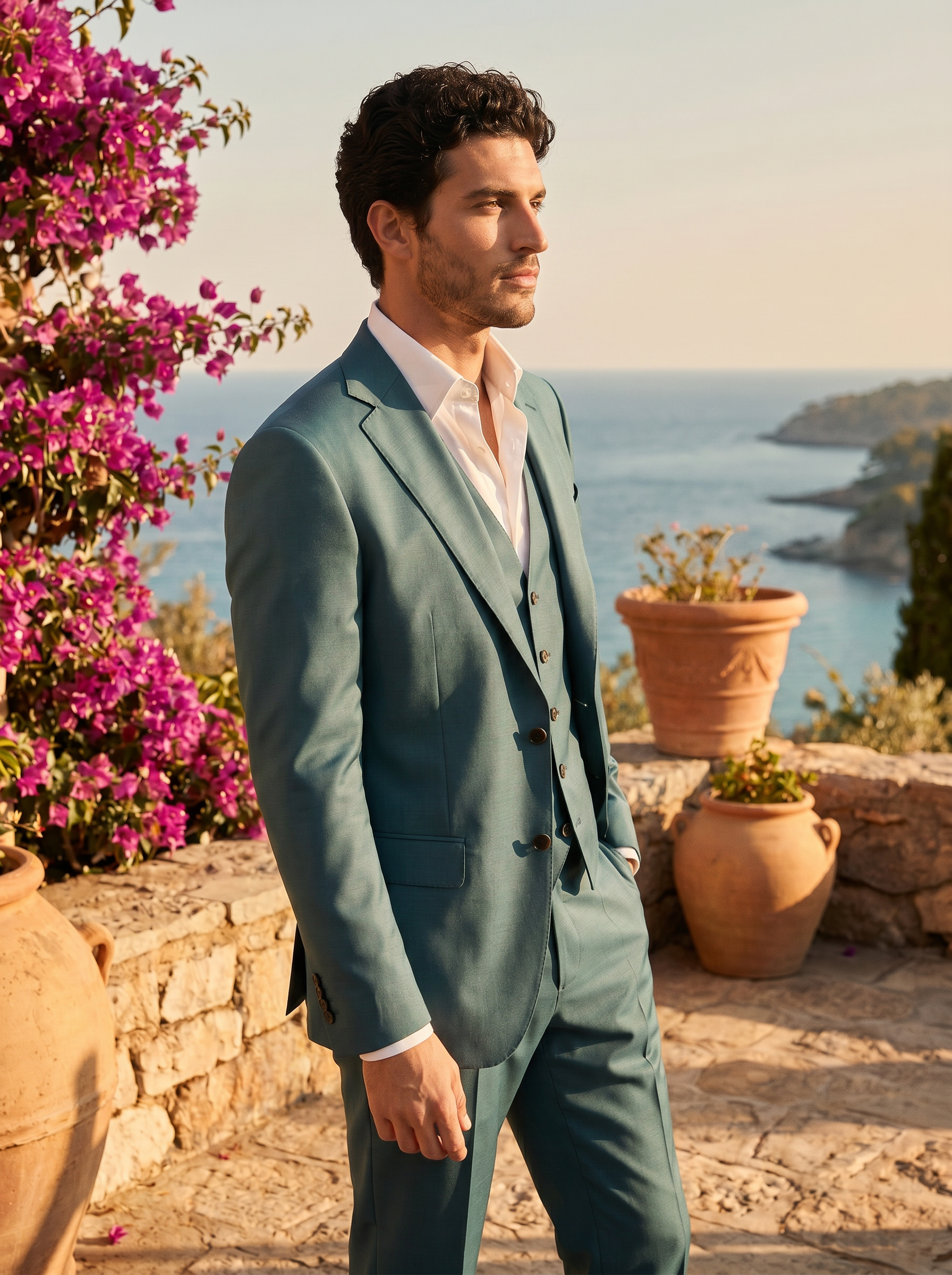 Teal Silk Blend 3-Piece Suit — Custom Made to Measure - side view