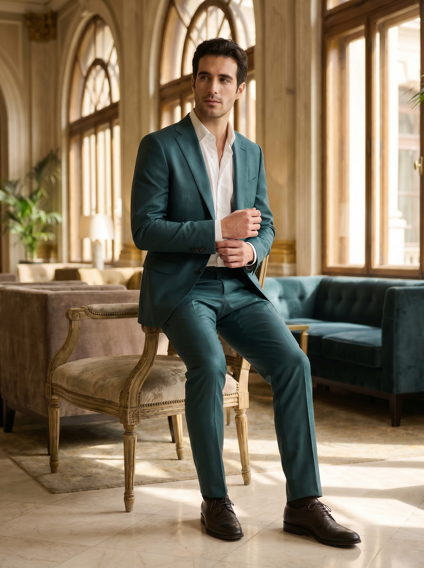Teal Silk Blend Groomsmen Suit — Custom Made to Measure - seated view