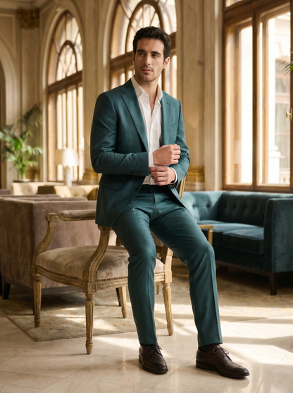 Teal Silk Blend Groomsmen Suit — Custom Made to Measure - seated view
