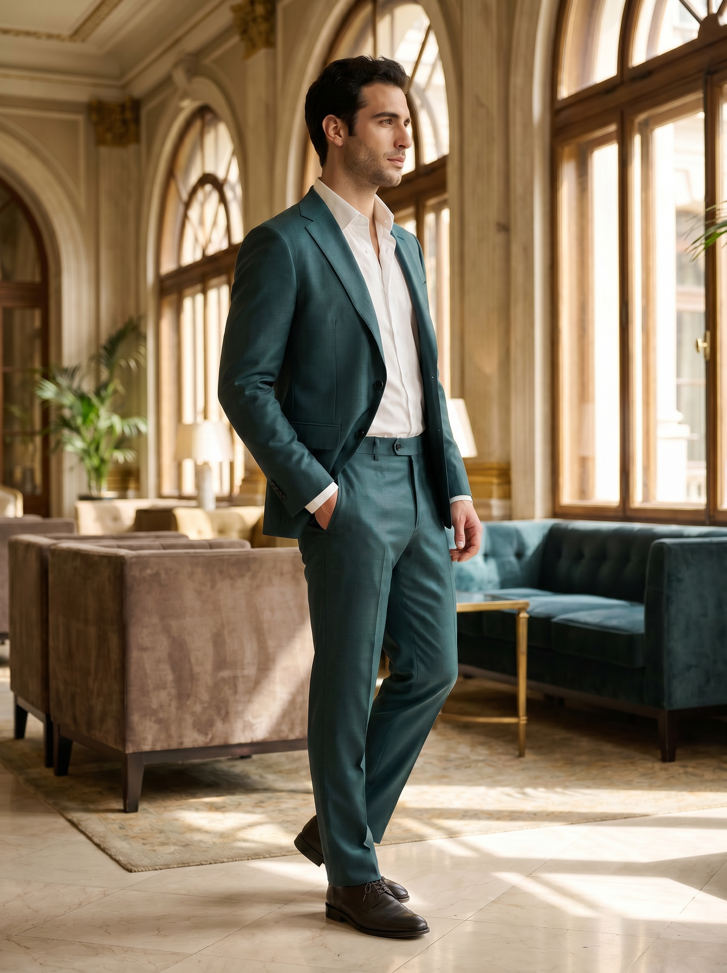 Teal Silk Blend Groomsmen Suit — Custom Made to Measure - side view