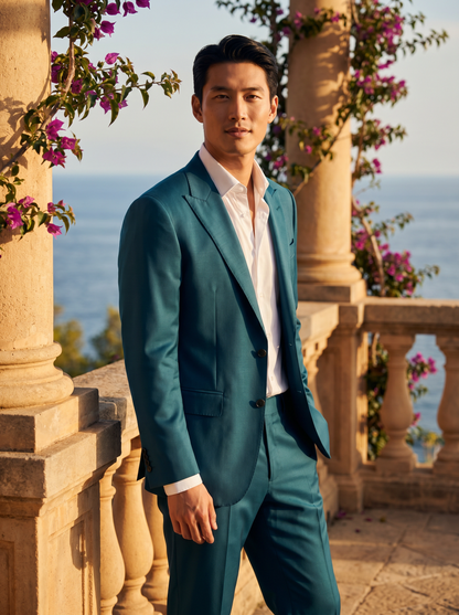 Teal Silk Blend Suit — Custom Made to Measure - front view