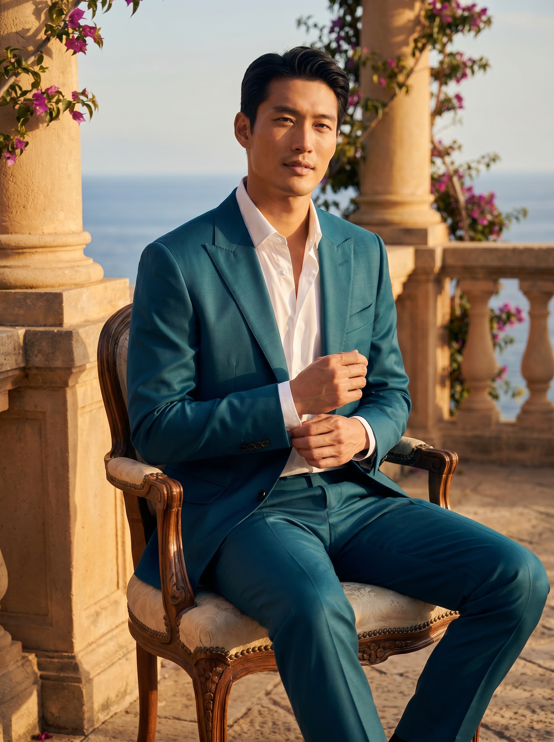 Teal Silk Blend Suit — Custom Made to Measure - seated view