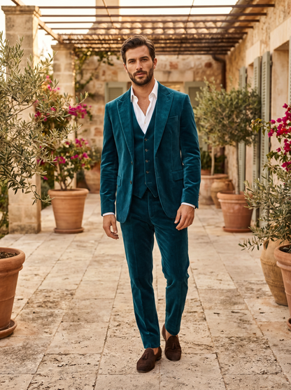 Teal Velvet 3-Piece Suit — Custom Made to Measure - front view