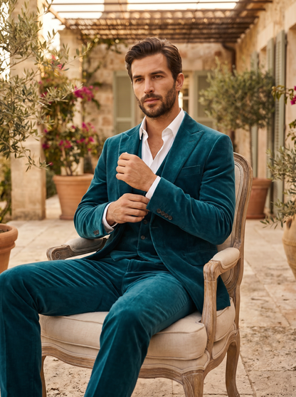 Teal Velvet 3-Piece Suit — Custom Made to Measure - seated view