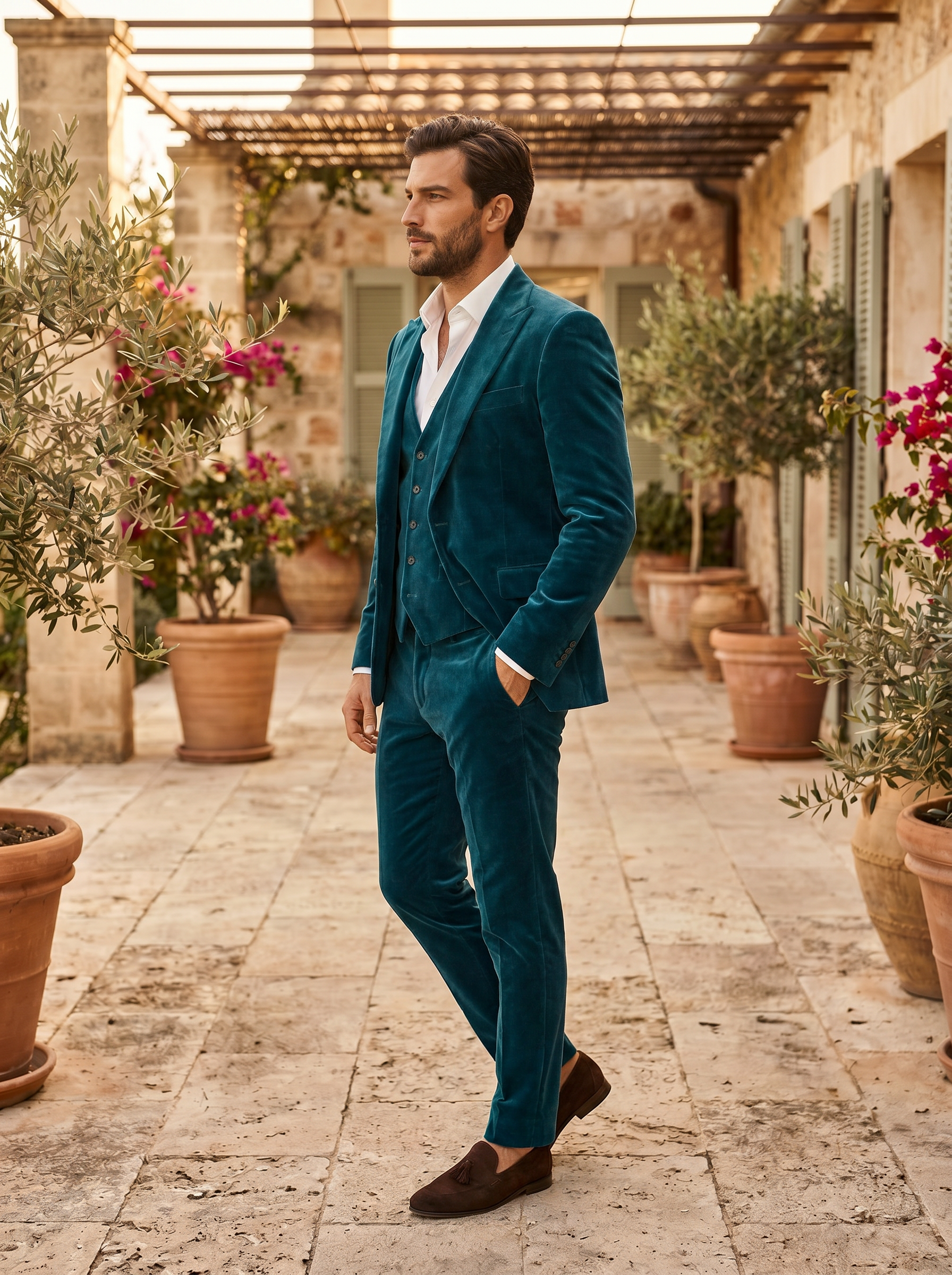 Teal Velvet 3-Piece Suit — Custom Made to Measure - side view