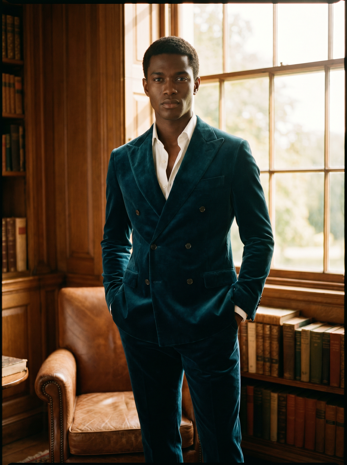 Teal Velvet Double Breasted Suit — Custom Made to Measure - front view
