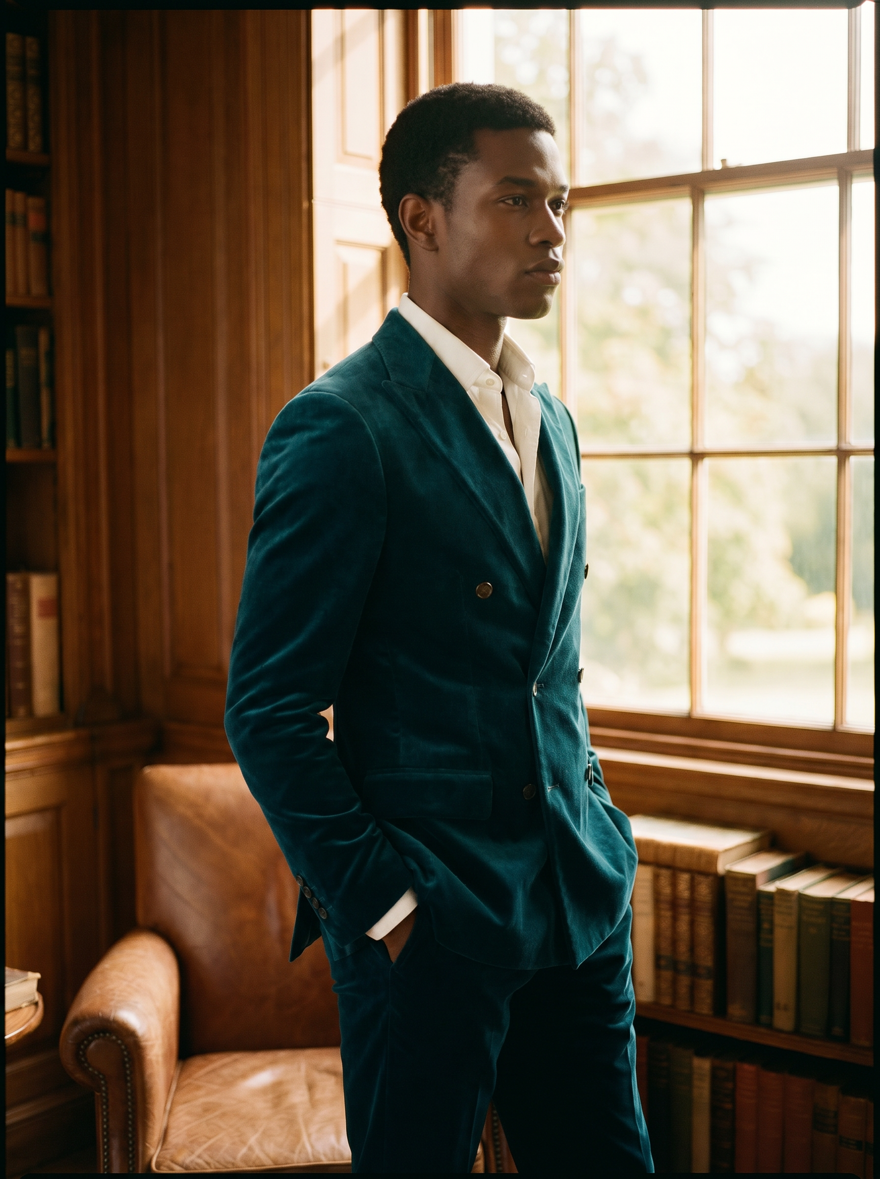 Teal Velvet Double Breasted Suit — Custom Made to Measure - side view