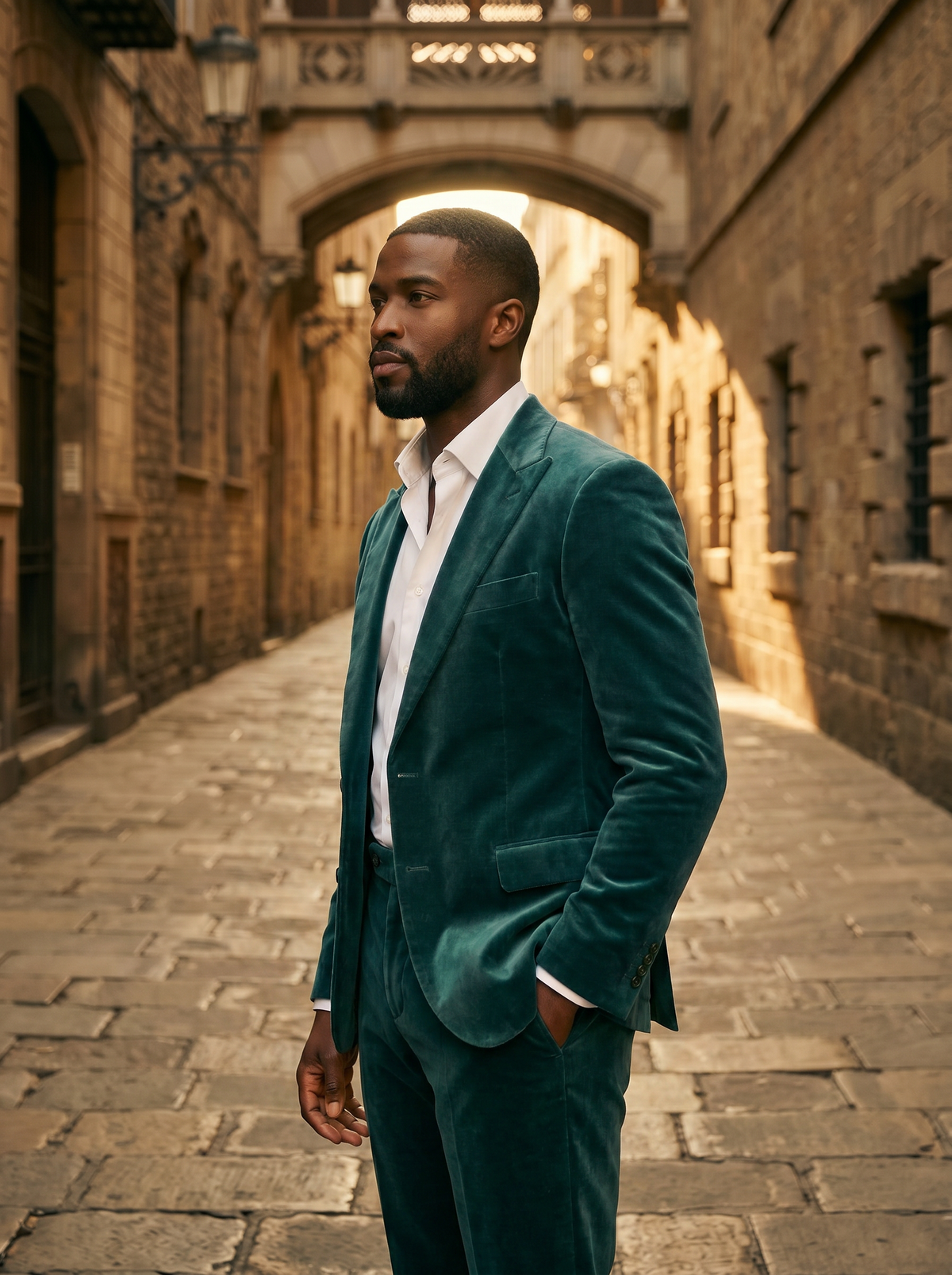 Teal Velvet Groomsmen Suit — Custom Made to Measure - side view