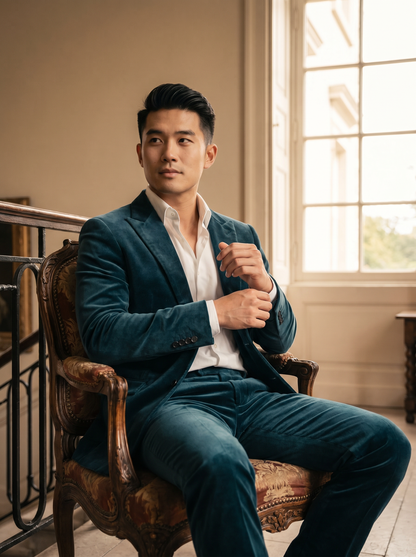Teal Velvet Suit — Custom Made to Measure - seated view
