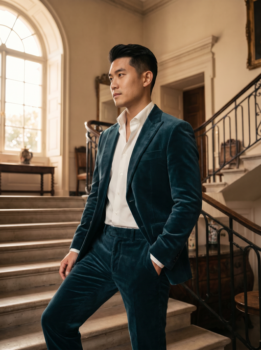 Teal Velvet Suit — Custom Made to Measure - side view