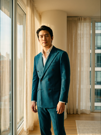 Teal Wool Double Breasted Suit — Custom Made to Measure - front view