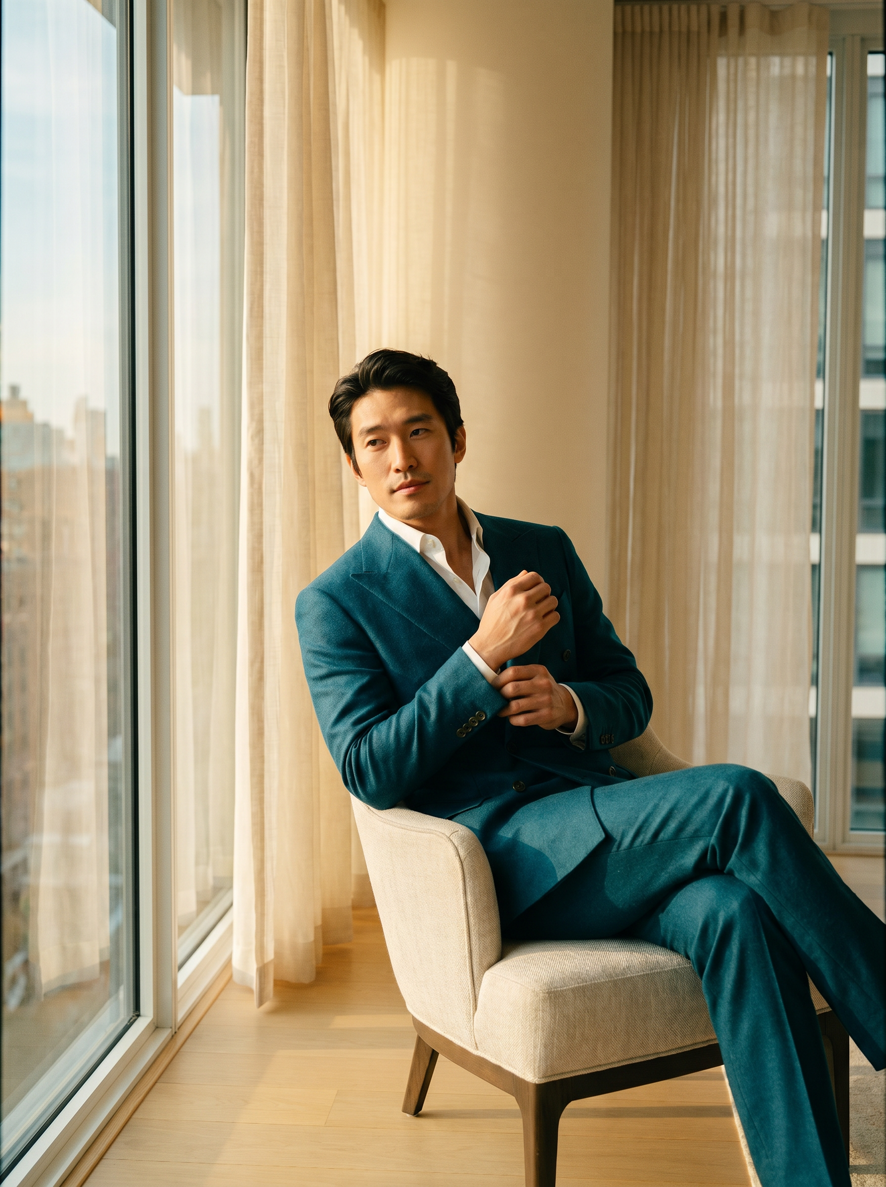 Teal Wool Double Breasted Suit — Custom Made to Measure - seated view