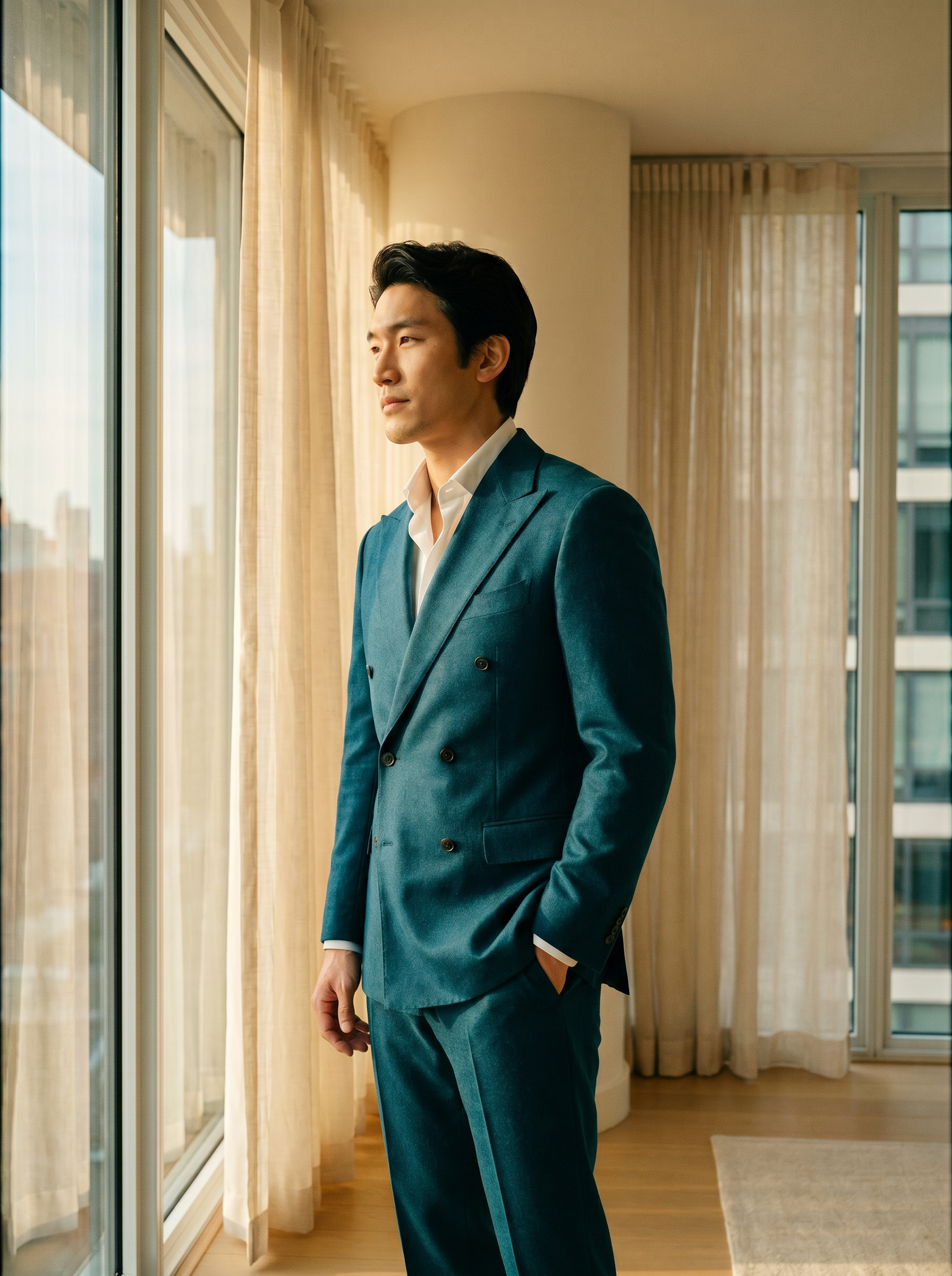 Teal Wool Double Breasted Suit — Custom Made to Measure - side view
