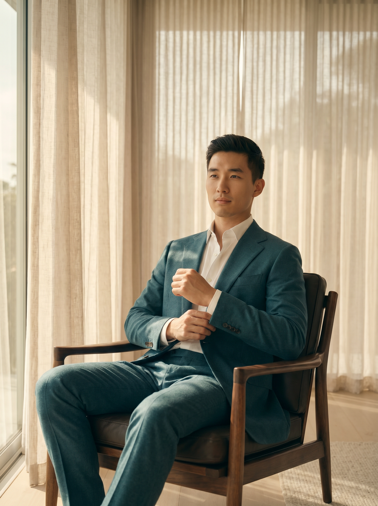Teal Wool Suit — Custom Made to Measure - seated view