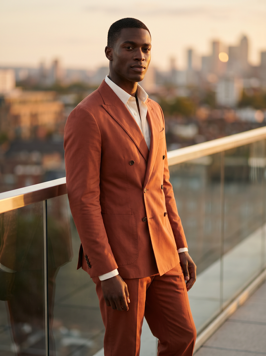 Terracotta Cotton Double Breasted Suit — Custom Made to Measure - front view