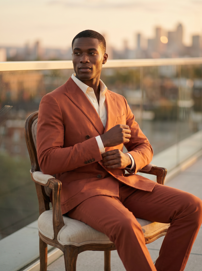 Terracotta Cotton Double Breasted Suit — Custom Made to Measure - seated view