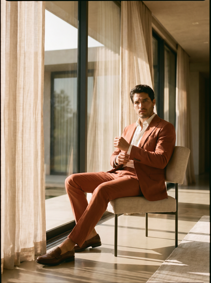 Terracotta Cotton Suit — Custom Made to Measure - seated view