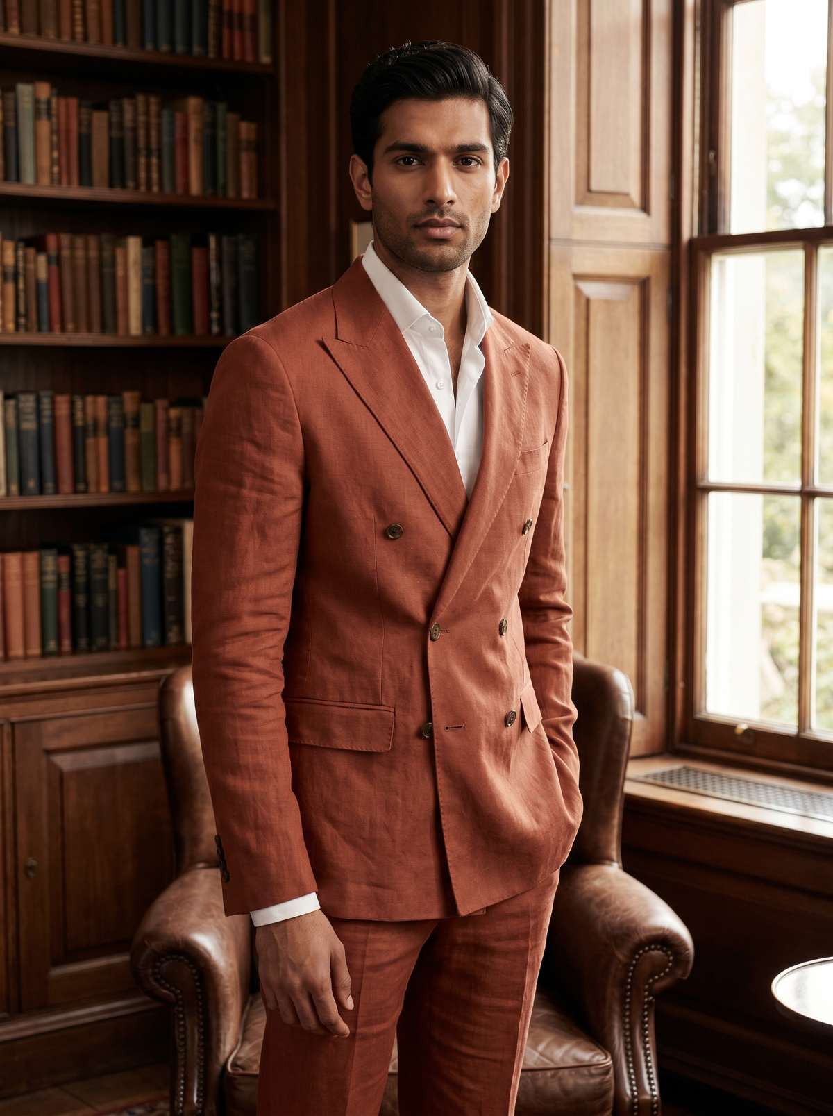 Terracotta Linen Double Breasted Suit — Custom Made to Measure - front view