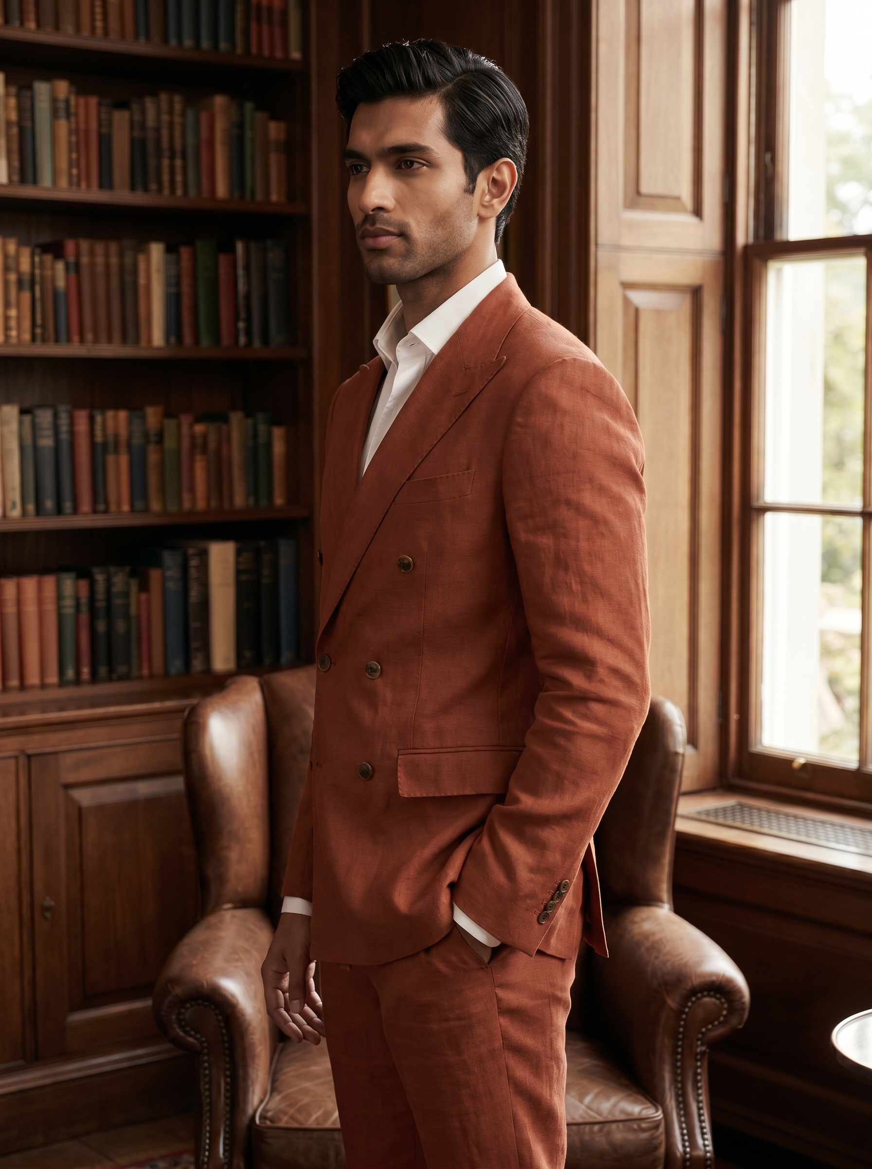Terracotta Linen Double Breasted Suit — Custom Made to Measure - side view