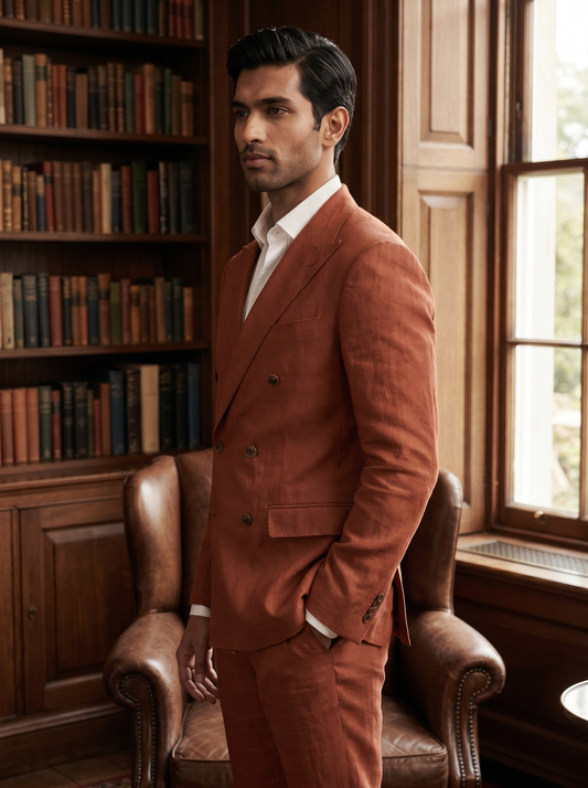 Terracotta Linen Double Breasted Suit — Custom Made to Measure - side view