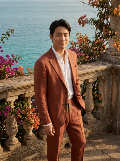 Terracotta Linen Groomsmen Suit — Custom Made to Measure - front view
