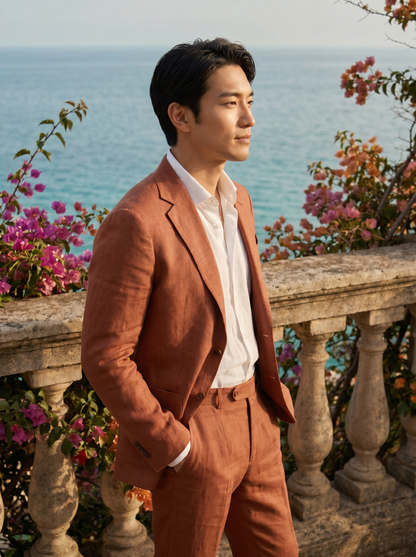 Terracotta Linen Groomsmen Suit — Custom Made to Measure - side view