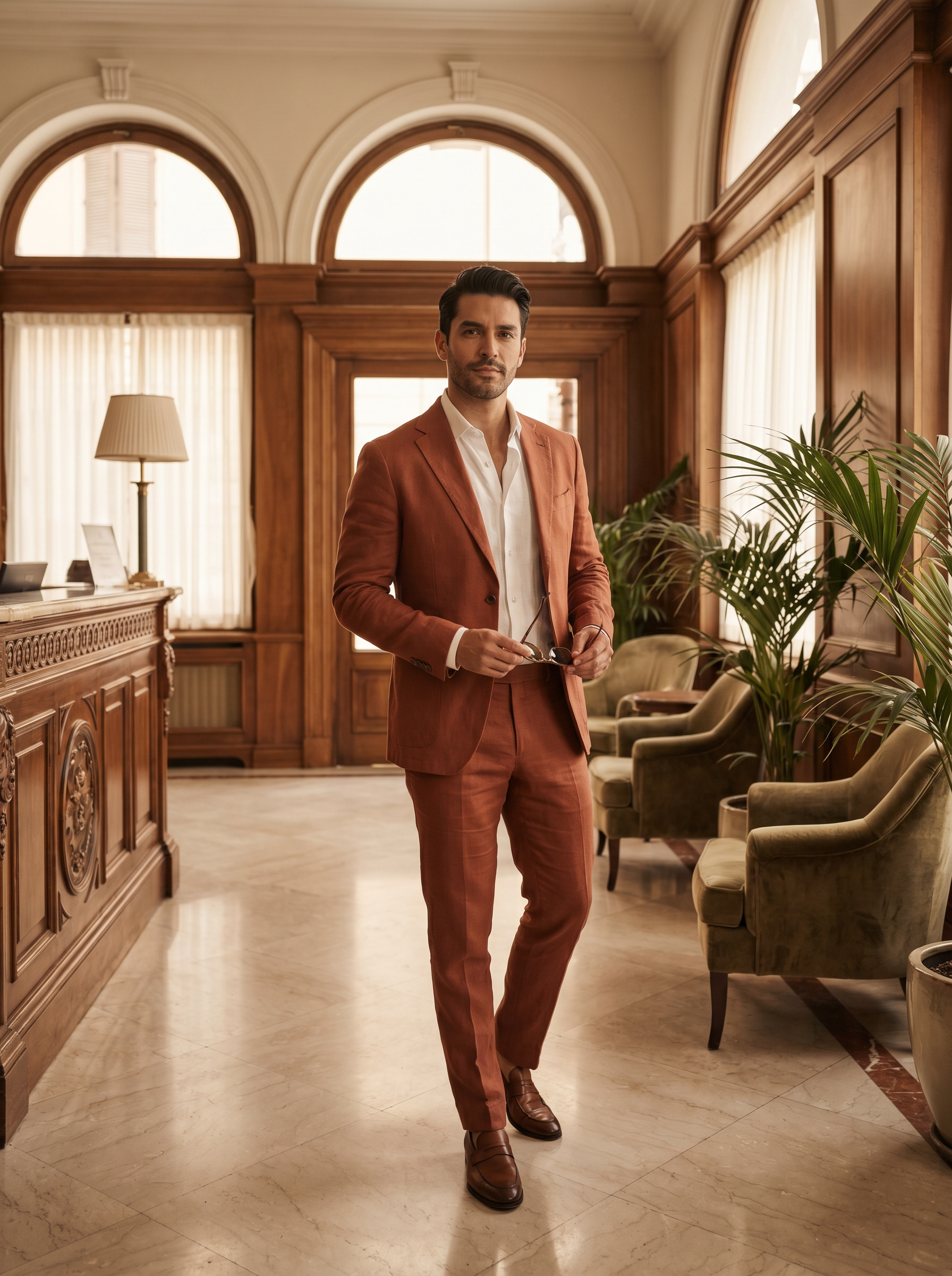 Terracotta Linen Suit — Custom Made to Measure - front view