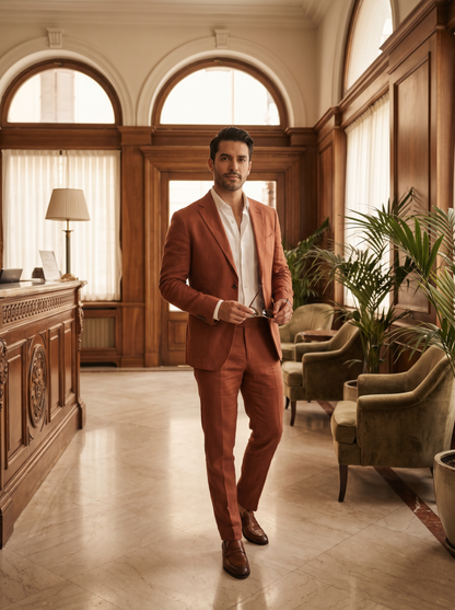 Terracotta Linen Suit — Custom Made to Measure - front view