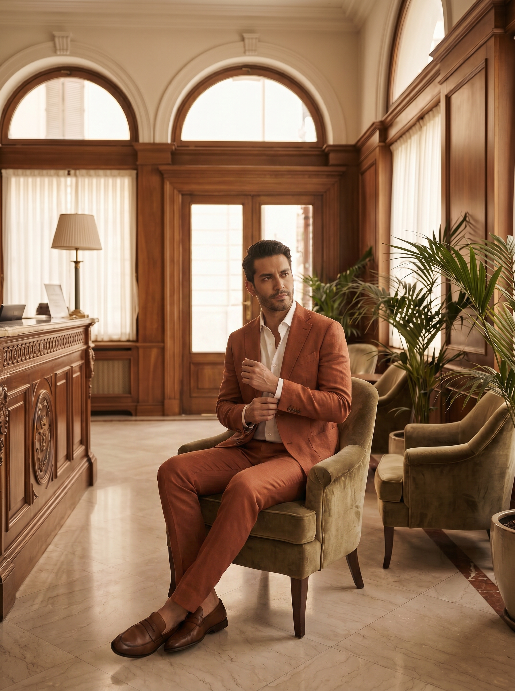 Terracotta Linen Suit — Custom Made to Measure - seated view