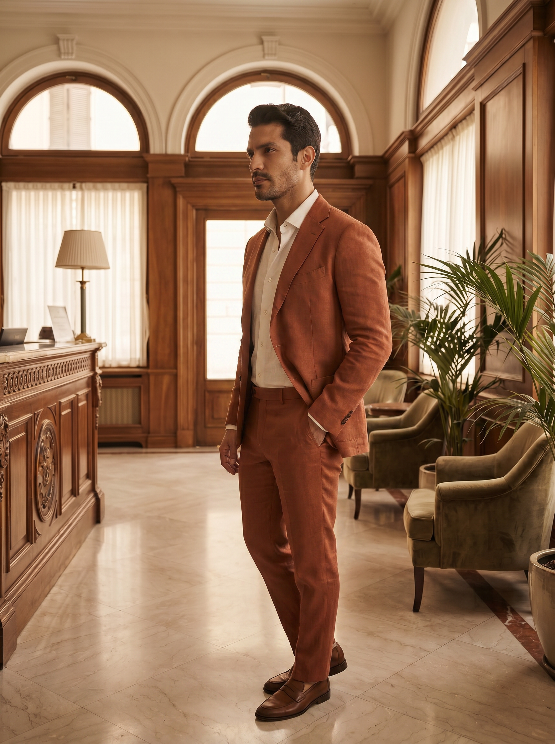Terracotta Linen Suit — Custom Made to Measure - side view