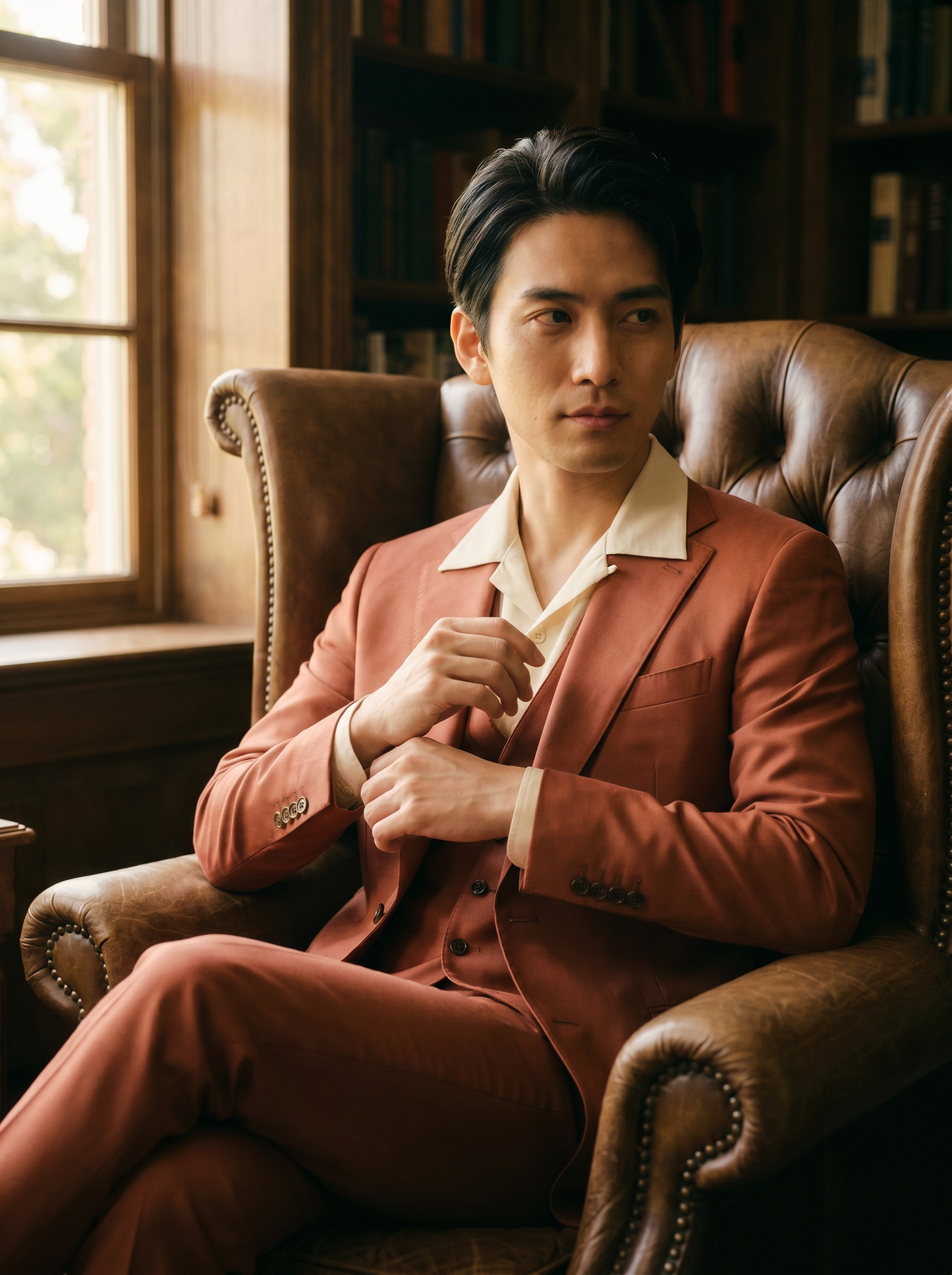 Terracotta Silk Blend 3-Piece Suit — Custom Made to Measure - seated view