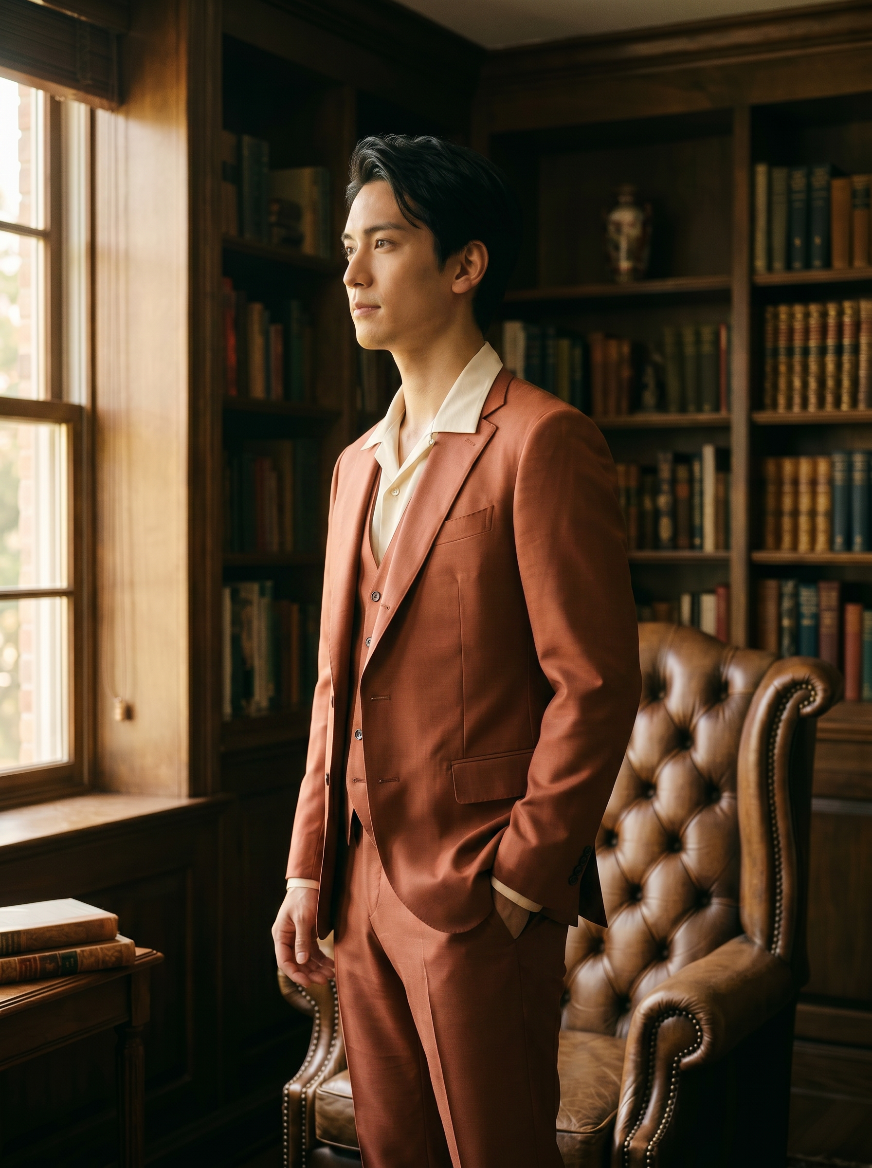 Terracotta Silk Blend 3-Piece Suit — Custom Made to Measure - side view