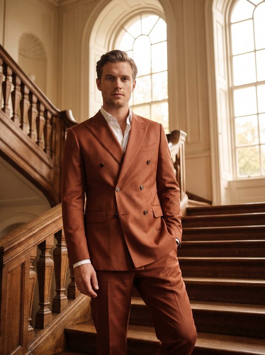 Terracotta Silk Blend Double Breasted Suit — Custom Made to Measure - front view