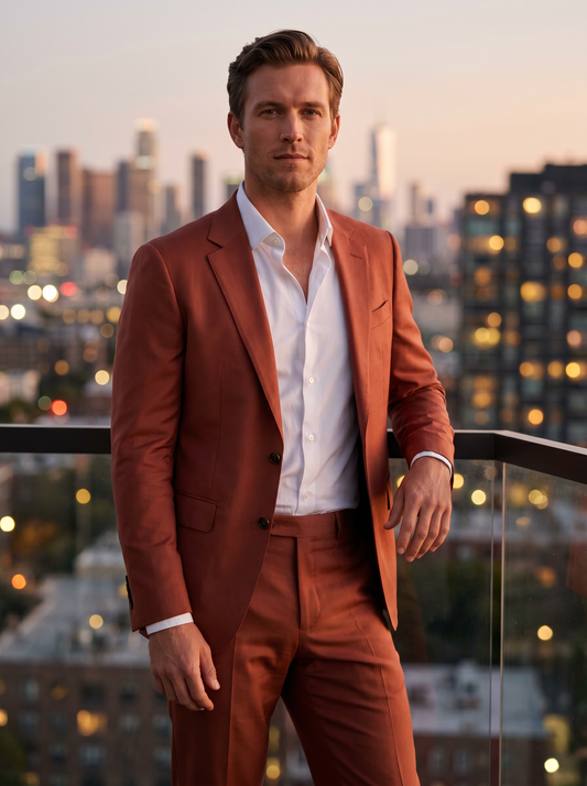 Terracotta Silk Blend Groomsmen Suit — Custom Made to Measure - front view