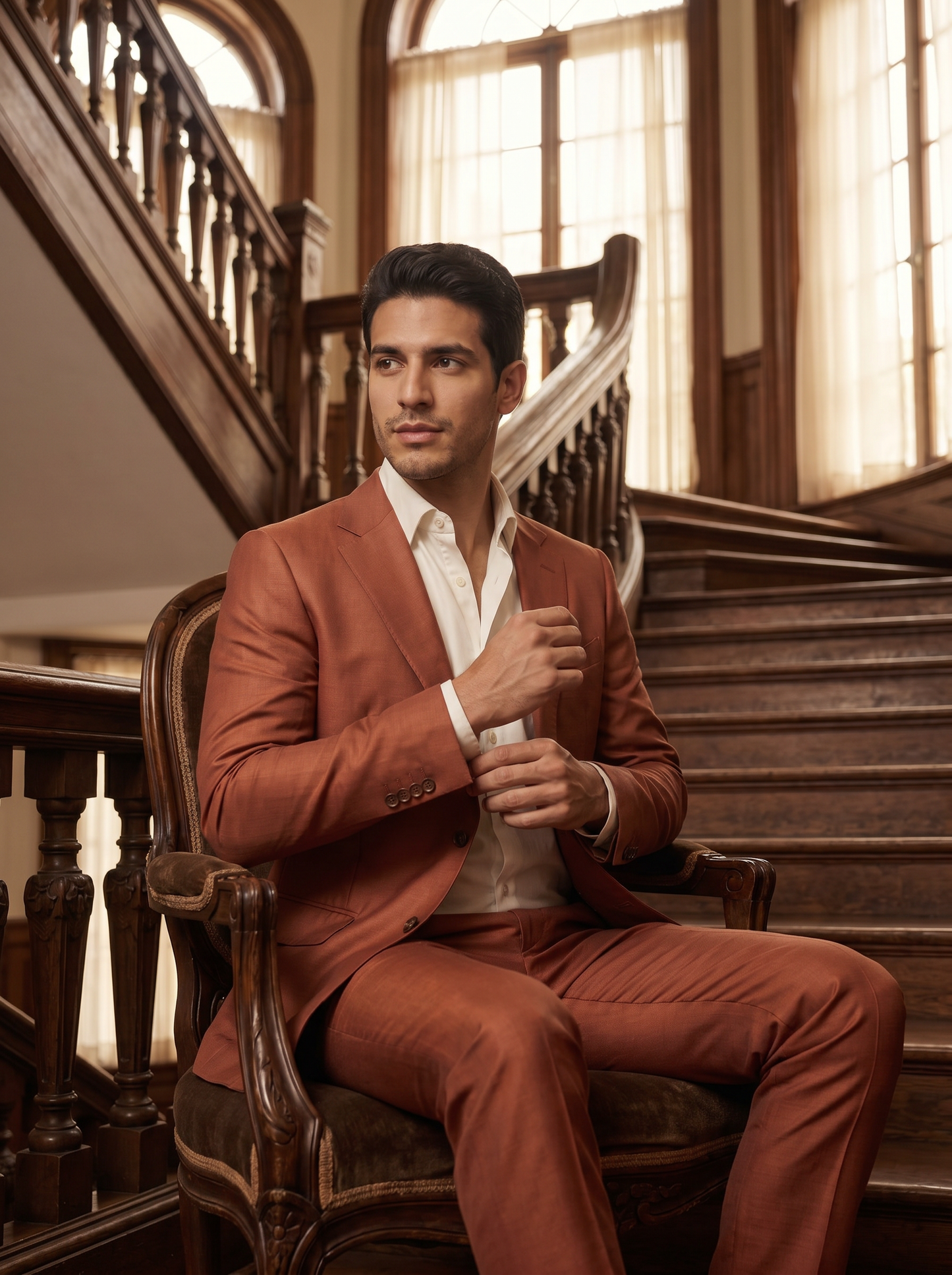 Terracotta Silk Blend Suit — Custom Made to Measure - seated view