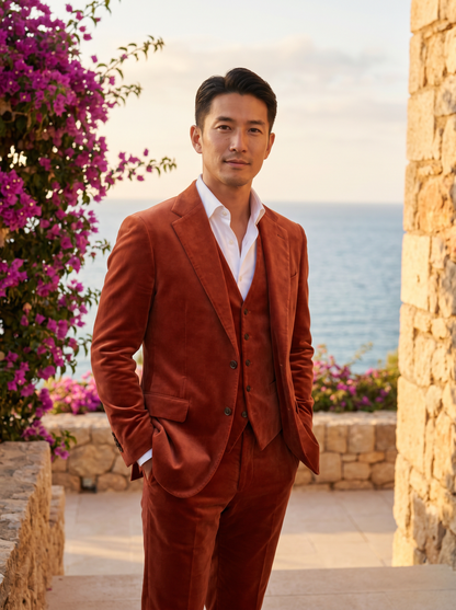Terracotta Velvet 3-Piece Suit — Custom Made to Measure - front view